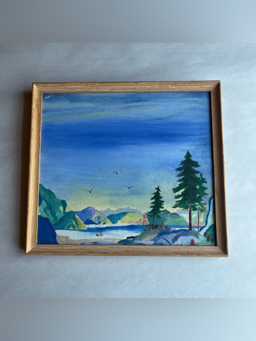 Vintage Hand painted Framed Mountain Seaside Painting 9.75" x 8.75"
